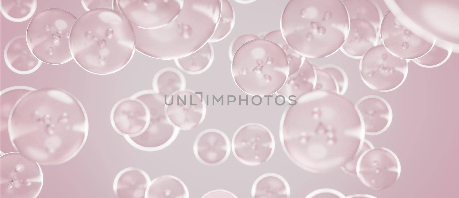 Cosmetics Molecules Serum Collagen Liquid bubble, Molecule inside Liquid Bubble on water background, 3d rendering
