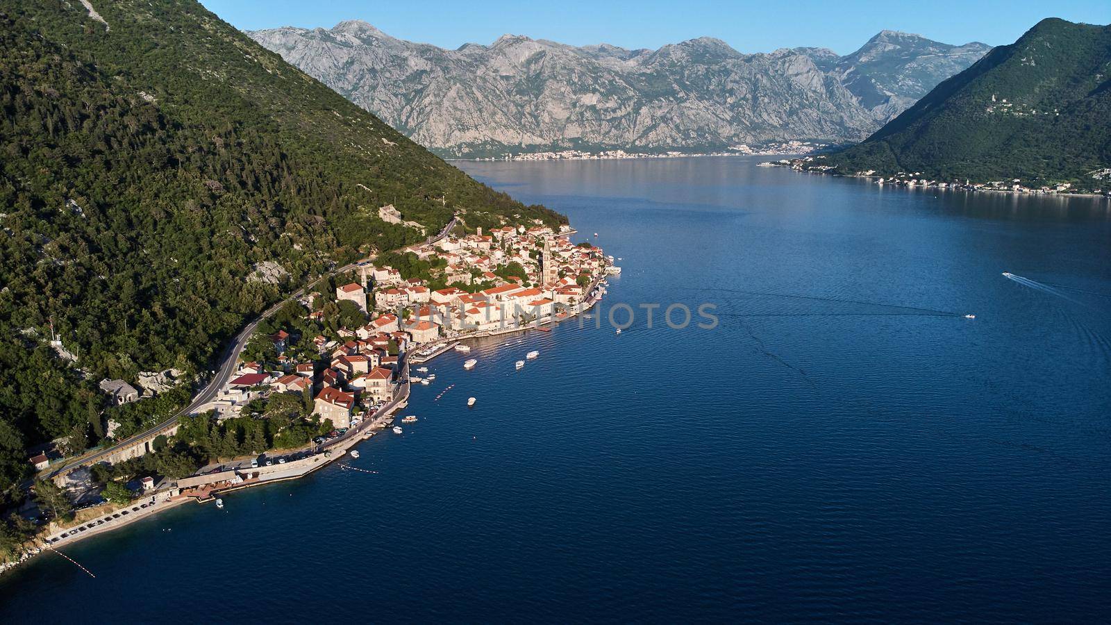 Aerial view of the town of Perast and the Bay of Kotor in Montenegro. High quality photo