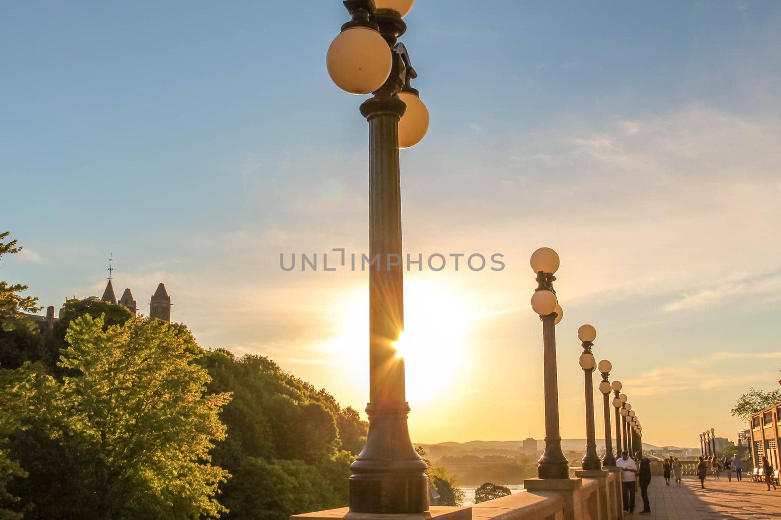 View of street lanterns with sunset sky. Beautiful landscame view