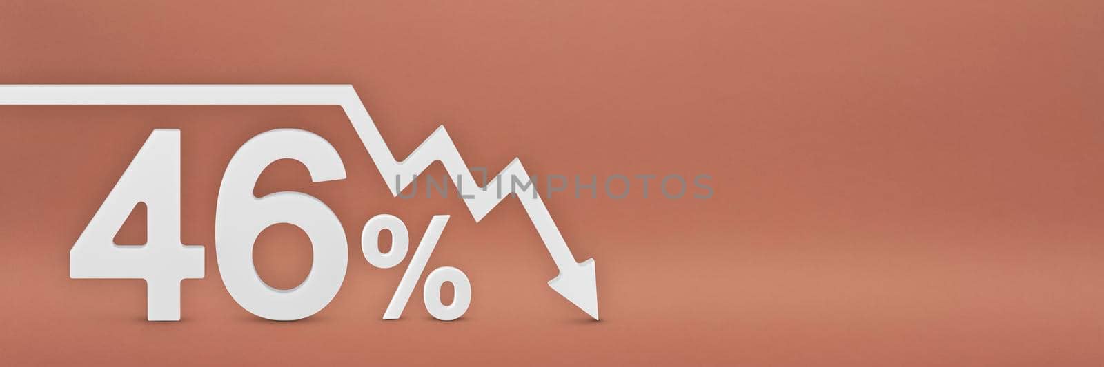 forty-six percent, the arrow on the graph is pointing down. Stock market crash, bear market, inflation.Economic collapse, collapse of stocks.3d banner,46 percent discount sign on a red background