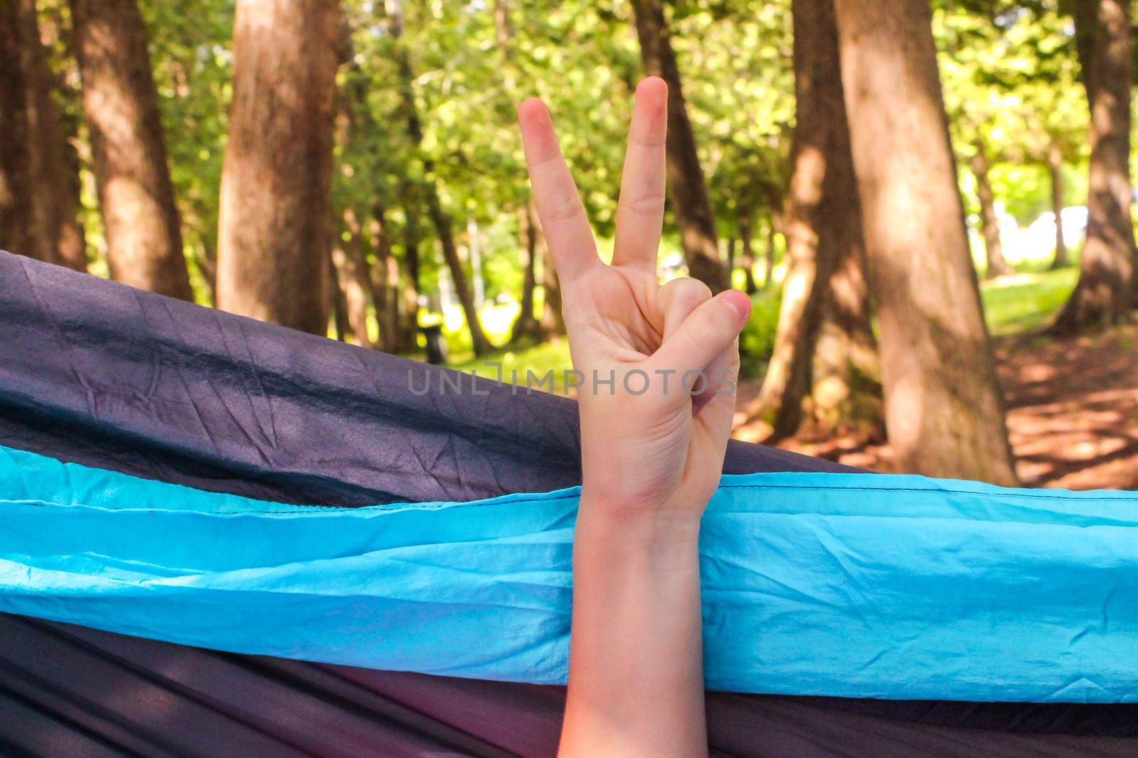 Cheerful hand in a hammock at the forest. outdoor travel concept image by JuliaDorian