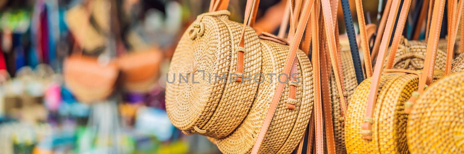 Typical souvenirs and handicrafts of Bali at the famous Ubud Market. BANNER, LONG FORMAT