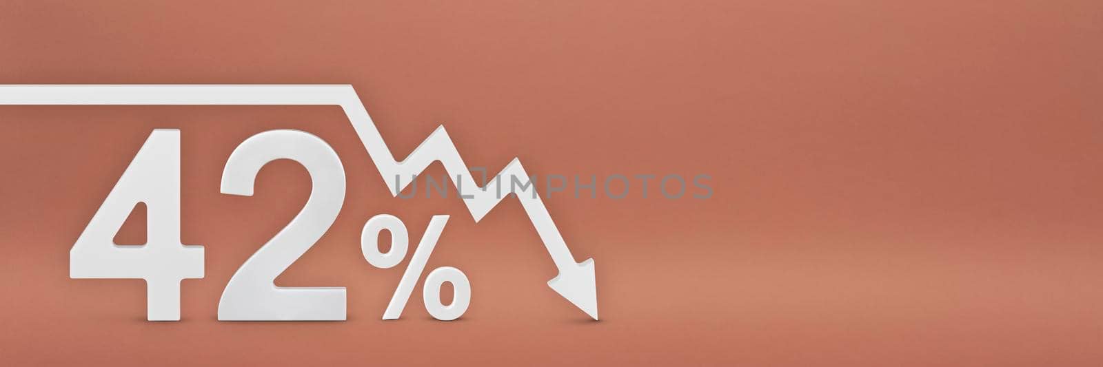 forty-two percent, the arrow on the graph is pointing down. Stock market crash, bear market, inflation.Economic collapse, collapse of stocks.3d banner,42 percent discount sign on a red background