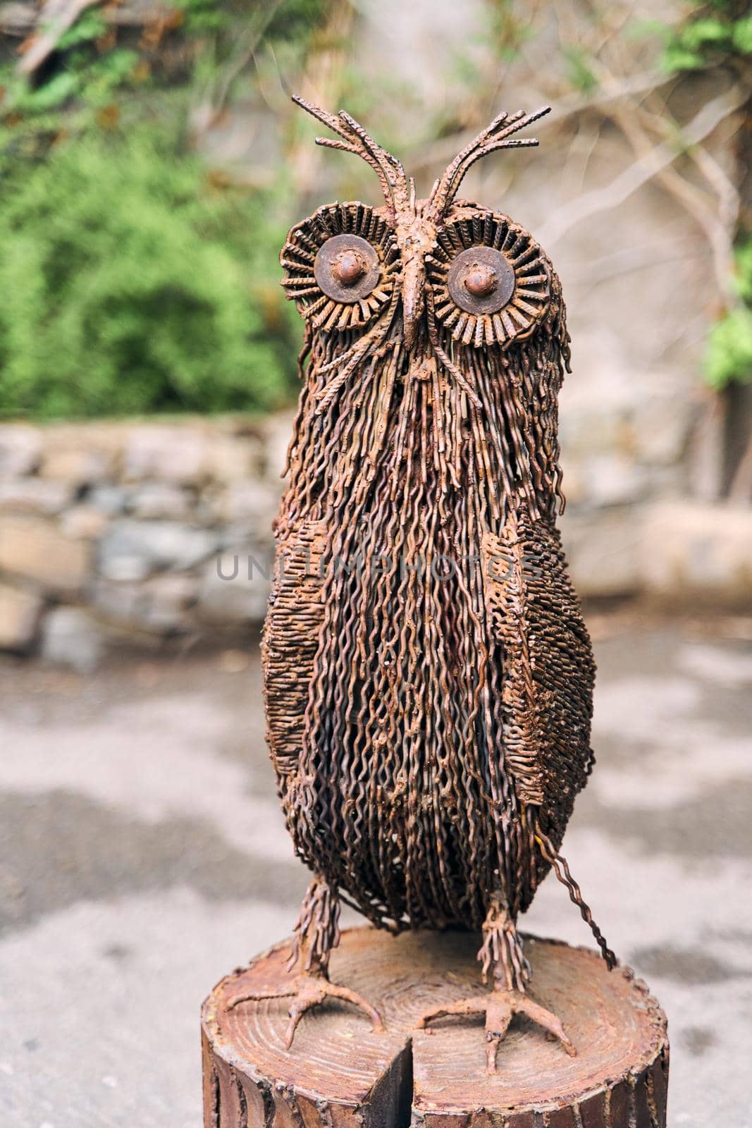 Decorative iron owl in Tbilisi Botanical Garden. High quality photo