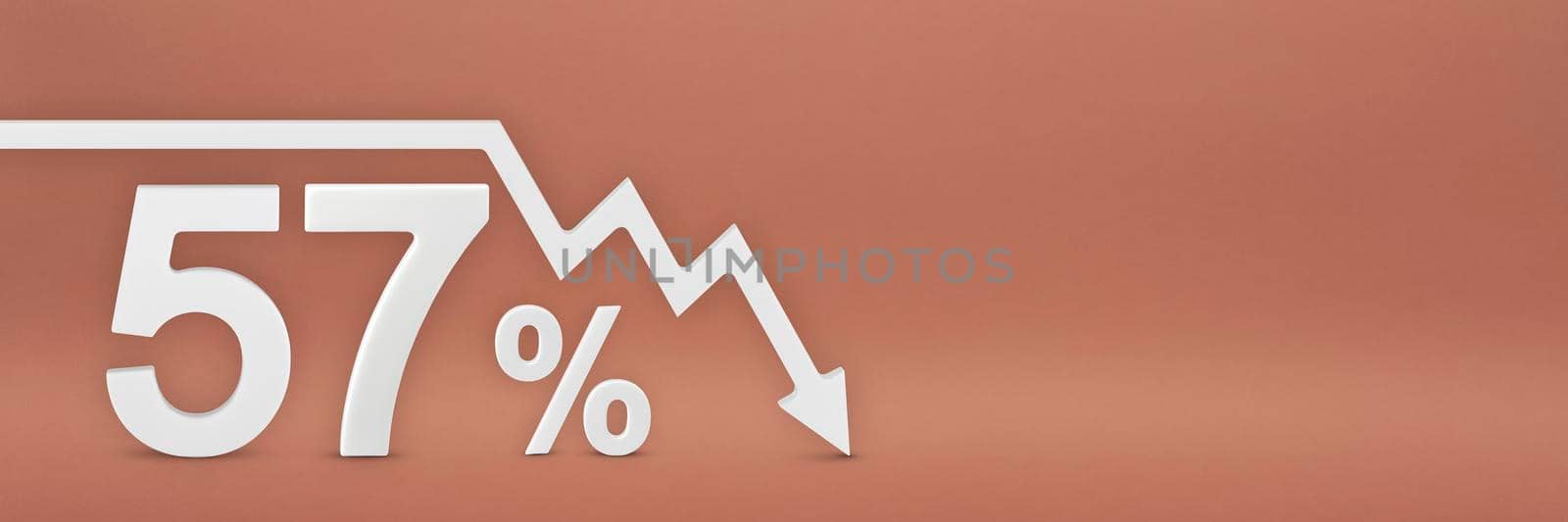 fifty-seven percent, the arrow on the graph is pointing down. Stock market crash, bear market, inflation.Economic collapse, collapse of stocks.3d banner,57 percent discount sign on a red background. by SERSOL