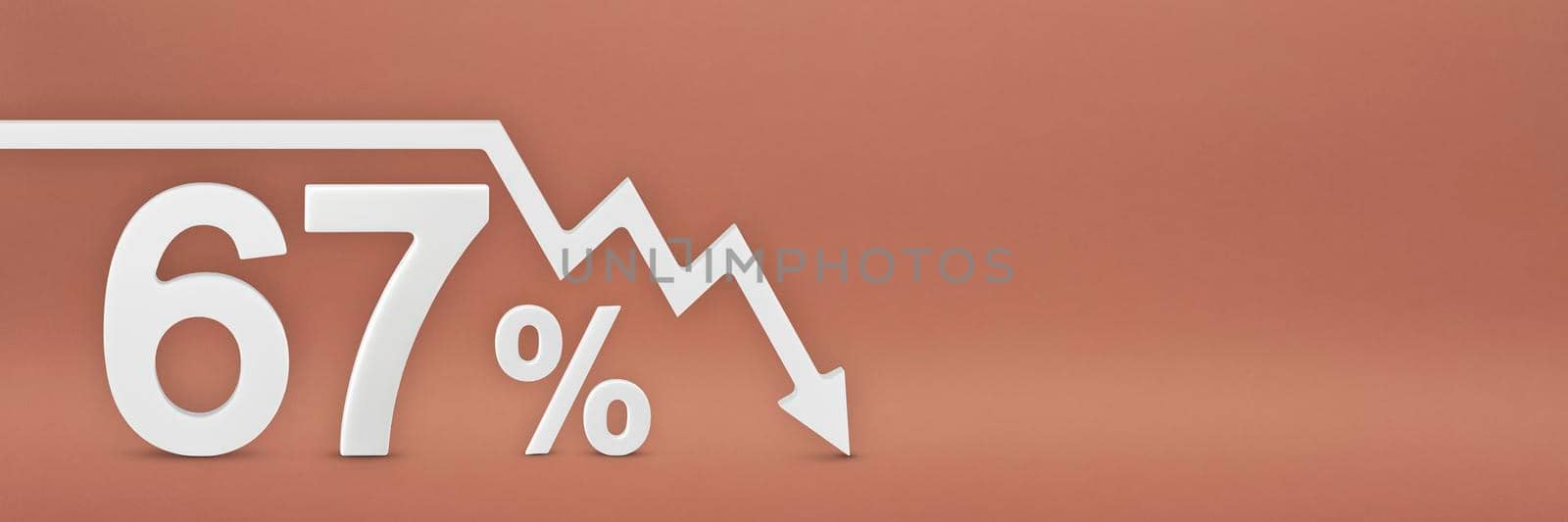 sixty-seven percent, the arrow on the graph is pointing down. Stock market crash, bear market, inflation.Economic collapse, collapse of stocks.3d banner,67 percent discount sign on a red background