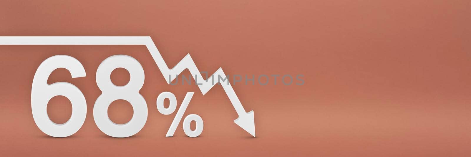 sixty-eight percent, the arrow on the graph is pointing down. Stock market crash, bear market, inflation.Economic collapse, collapse of stocks.3d banner,68 percent discount sign on a red background