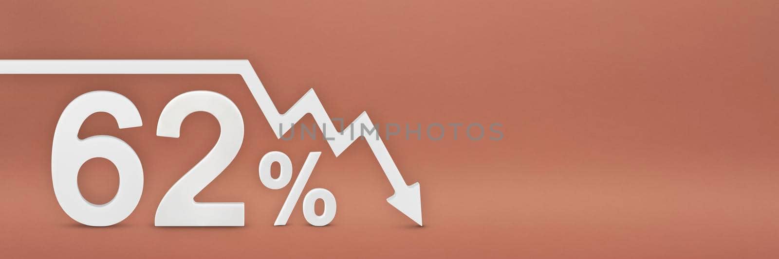 sixty-two percent, the arrow on the graph is pointing down. Stock market crash, bear market, inflation.Economic collapse, collapse of stocks.3d banner,62 percent discount sign on a red background. by SERSOL