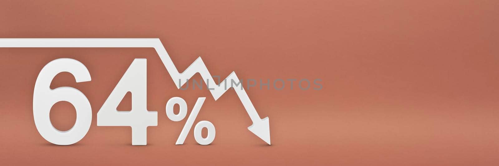 sixty-four percent, the arrow on the graph is pointing down. Stock market crash, bear market, inflation.Economic collapse, collapse of stocks.3d banner,64 percent discount sign on a red background