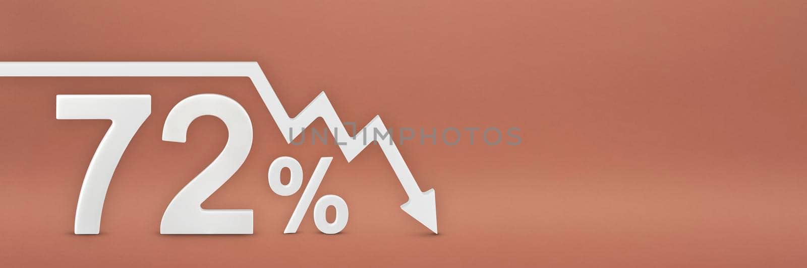 seventy-two percent, the arrow on the graph is pointing down. Stock market crash, bear market, inflation.Economic collapse, collapse of stocks.3d banner,72 percent discount sign on a red background