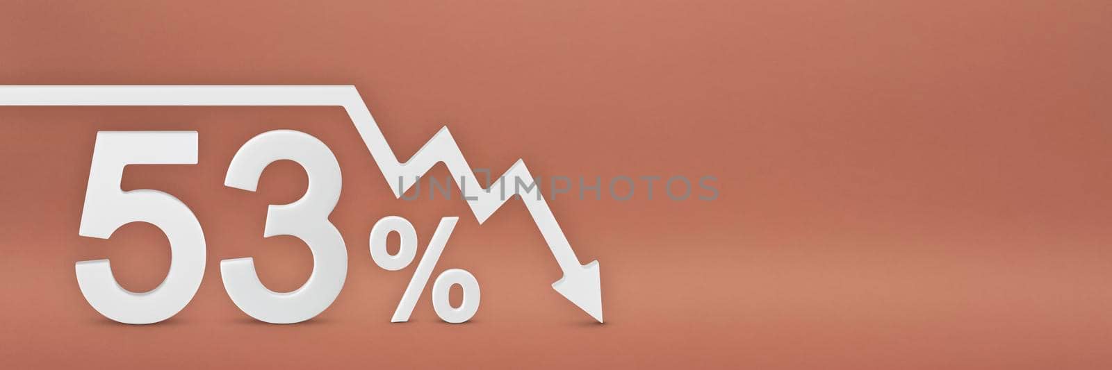 fifty-three percent, the arrow on the graph is pointing down. Stock market crash, bear market, inflation.Economic collapse, collapse of stocks.3d banner,53 percent discount sign on a red background