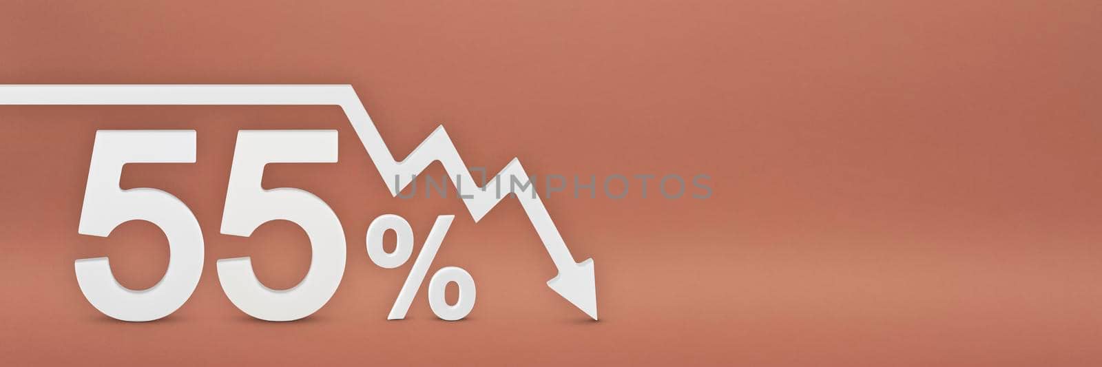 fifty-five percent, the arrow on the graph is pointing down. Stock market crash, bear market, inflation.Economic collapse, collapse of stocks.3d banner,55 percent discount sign on a red background
