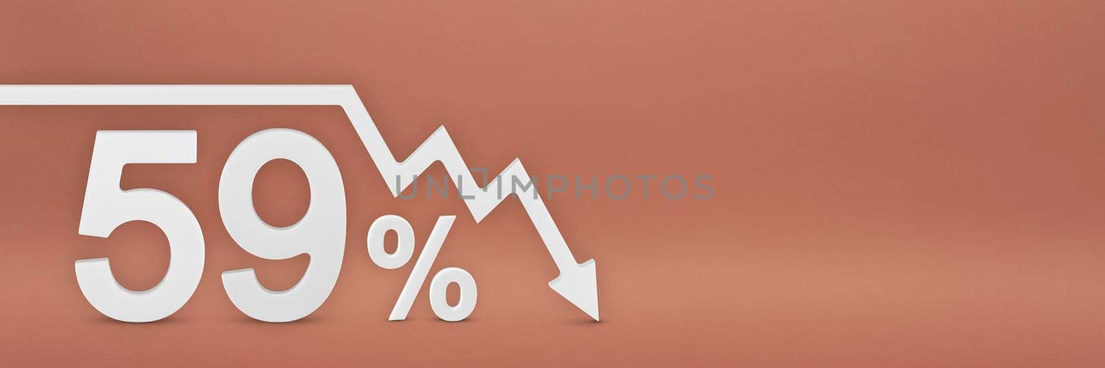 fifty-nine percent, the arrow on the graph is pointing down. Stock market crash, bear market, inflation.Economic collapse, collapse of stocks.3d banner,59 percent discount sign on a red background