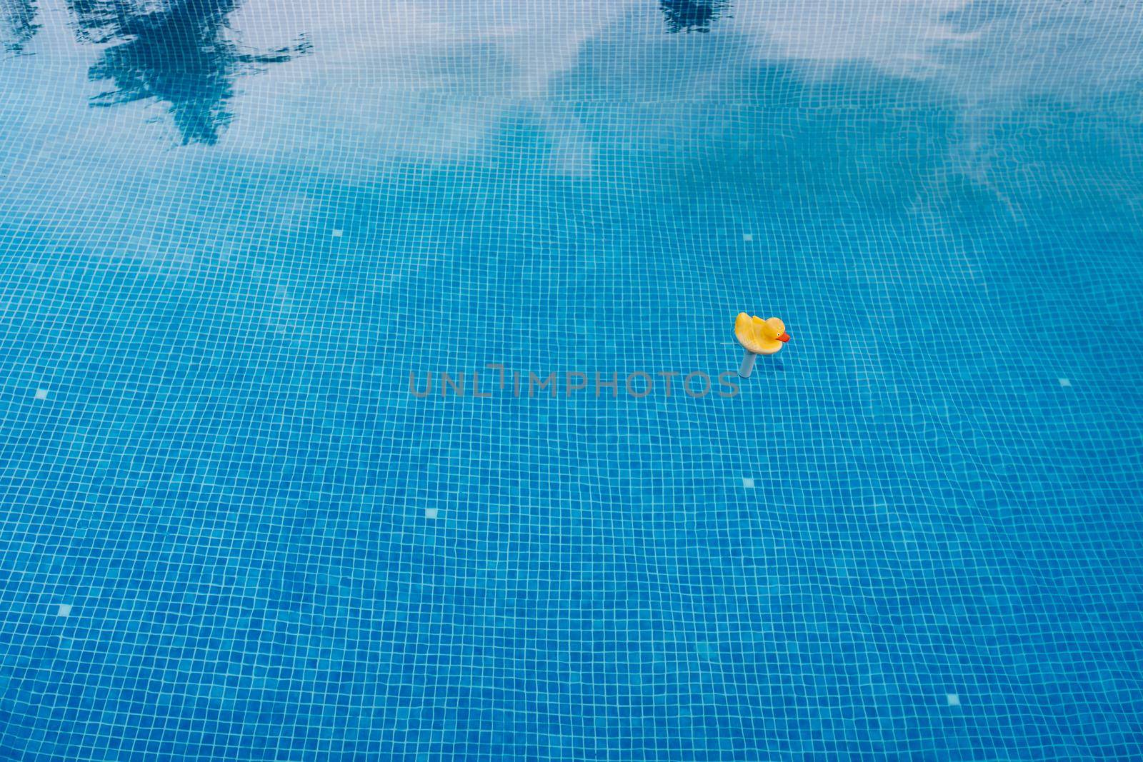 background calm water of blue summer swimming pool. yellow rubber duck toy in the water. text to be used. Natural light outside. Sunny day.