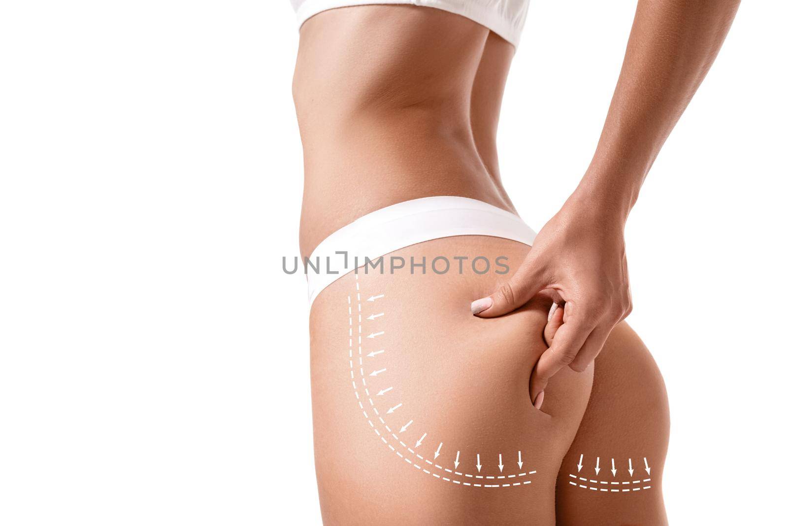 Sexy woman back in lingerie isolated. Sporty health female body on white background