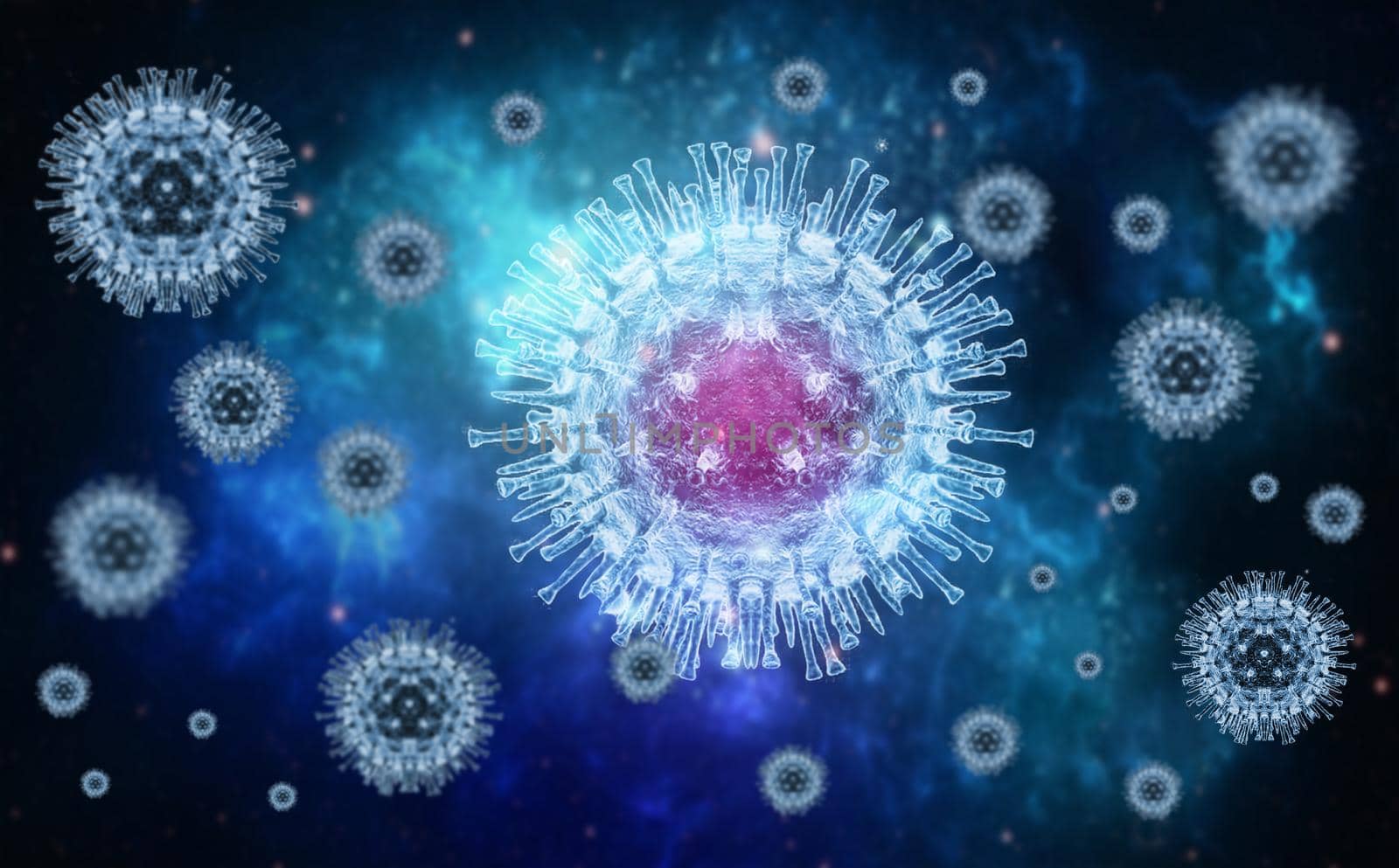 Monkeypox virus, 3d virus background, monkeypox virus molecule on blue background, medical background with virus molecules by isaiphoto