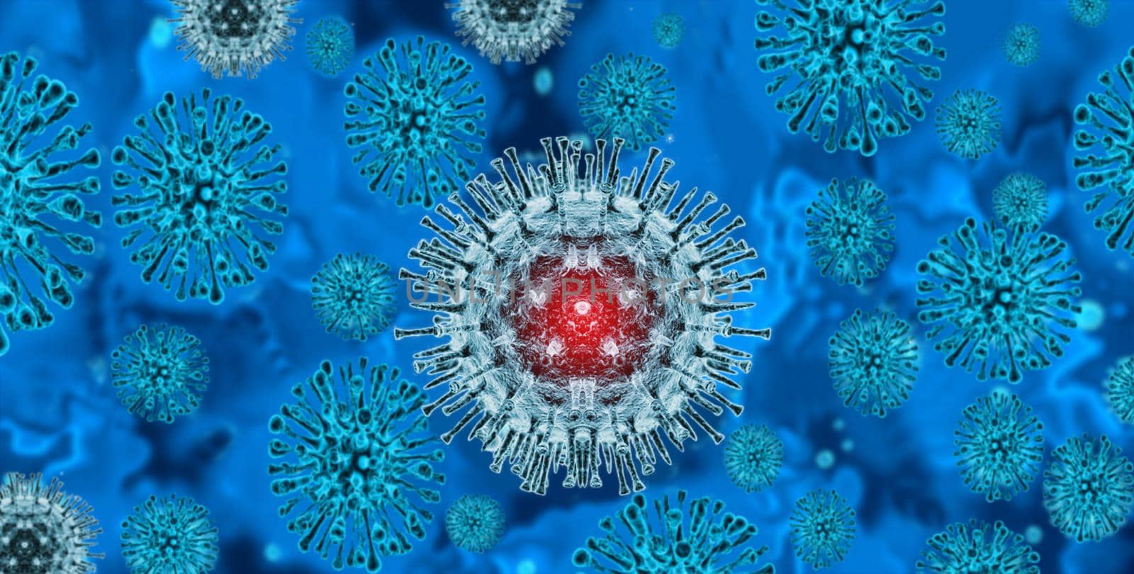 3d virus background, monkeypox concept, Close-up of virus molecules on blue background, medical background with virus molecules by isaiphoto