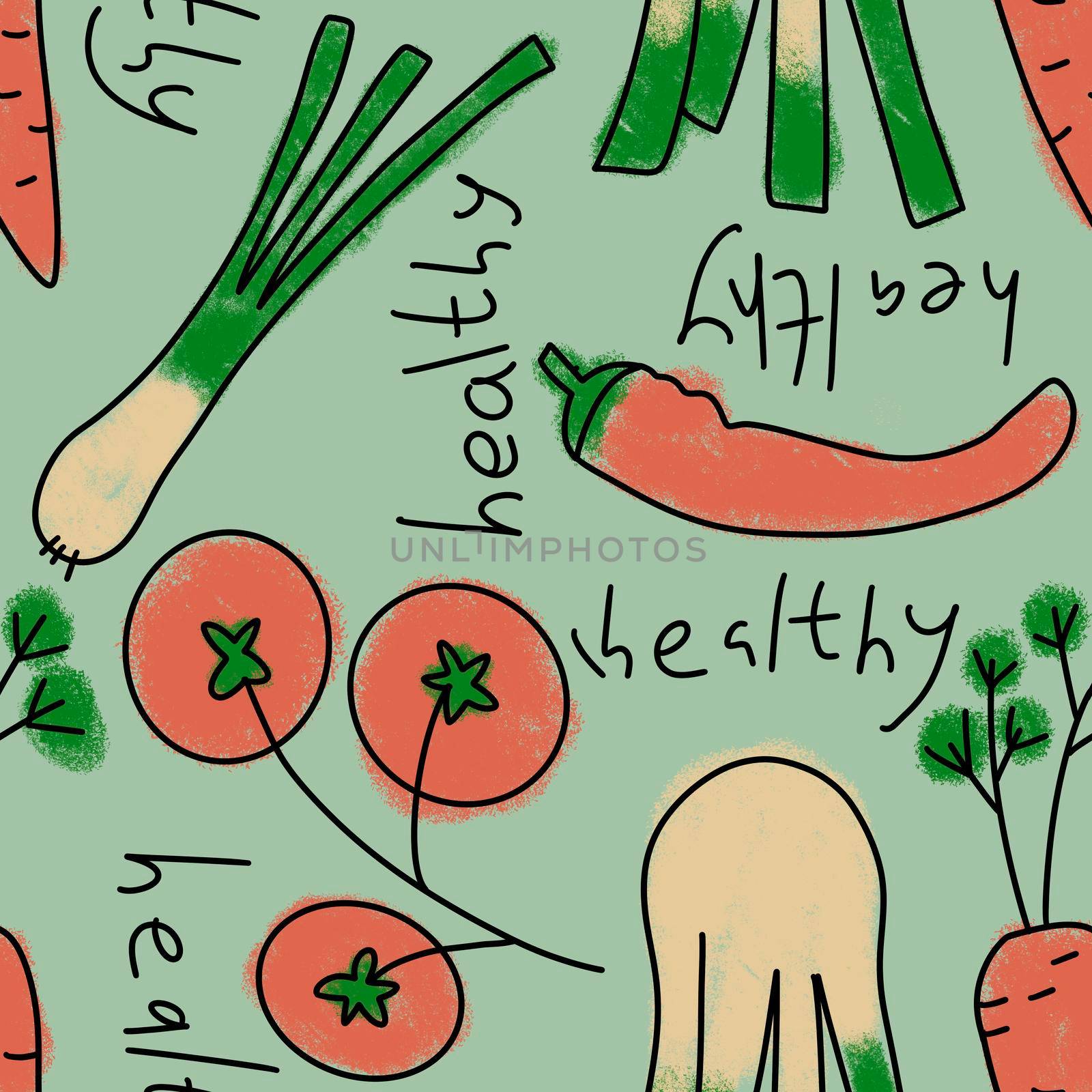 Hand drawn seamless pattern with vegetables veggies vegan vegetarian design. Tomato potato carrot cabbage leek onion bell papper fabric print. Retro vintage kitchen textile background, healthy food concept. by Lagmar