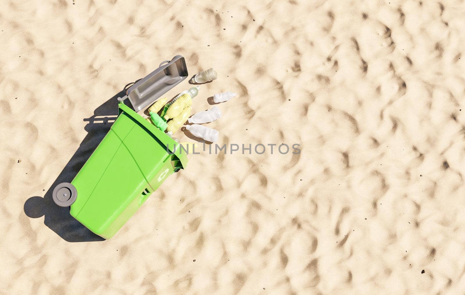 3D illustration of plastic bottles scattered on sand near fallen garbage bin on sunny day on beach