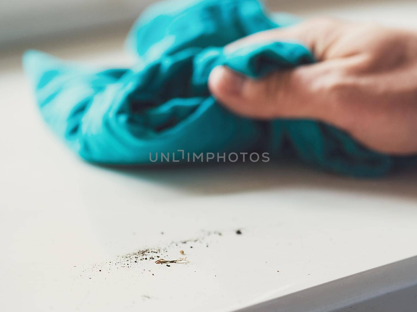 Male hand without gloves rubs dust from the windowsill. Mopping with a blue rag. Housekeeping concept. Selective Focus on the dust