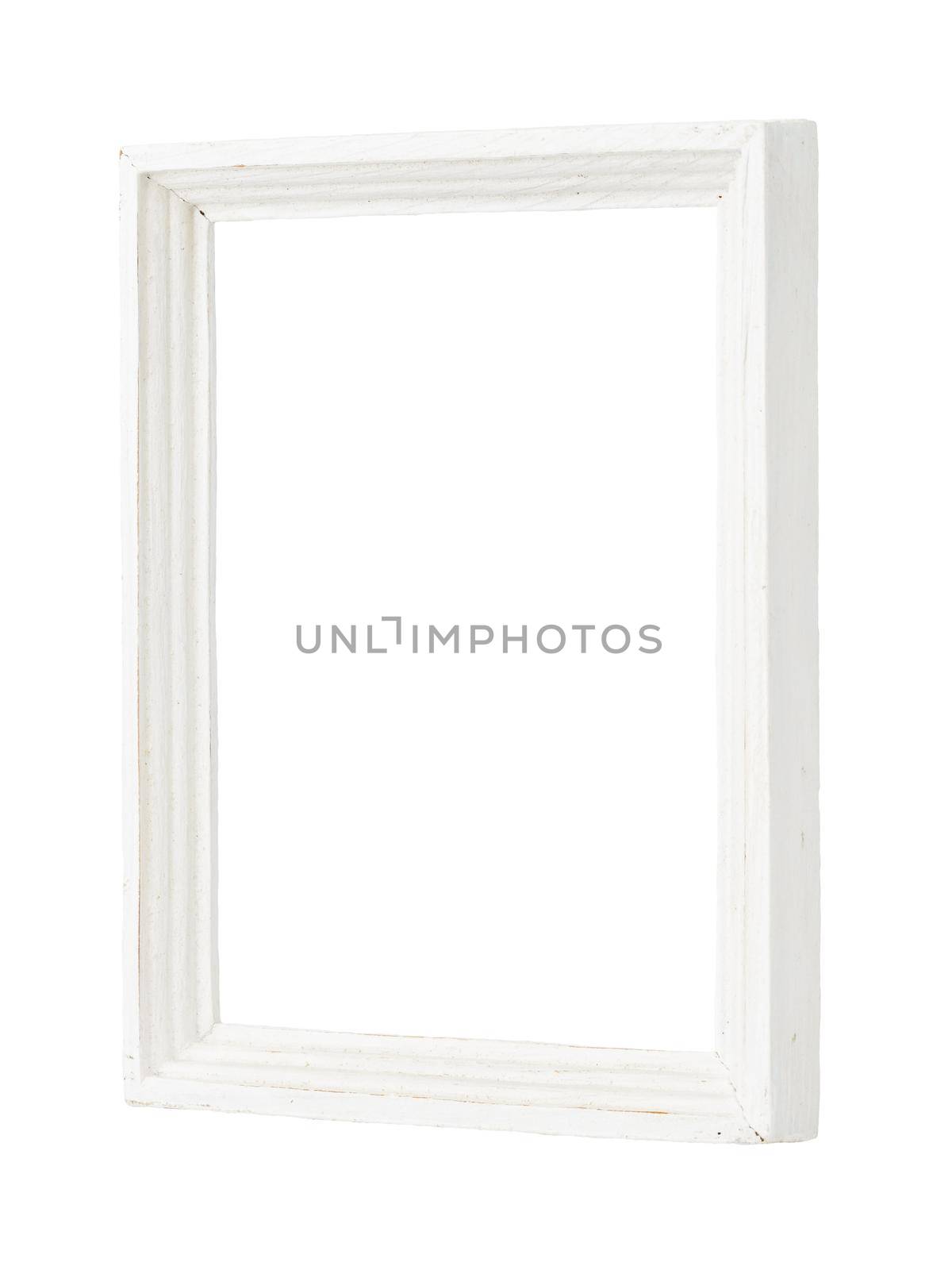 White rustic wooden picture frame isoladed, Picture frame mock up template on white background. Portrait format, angle view