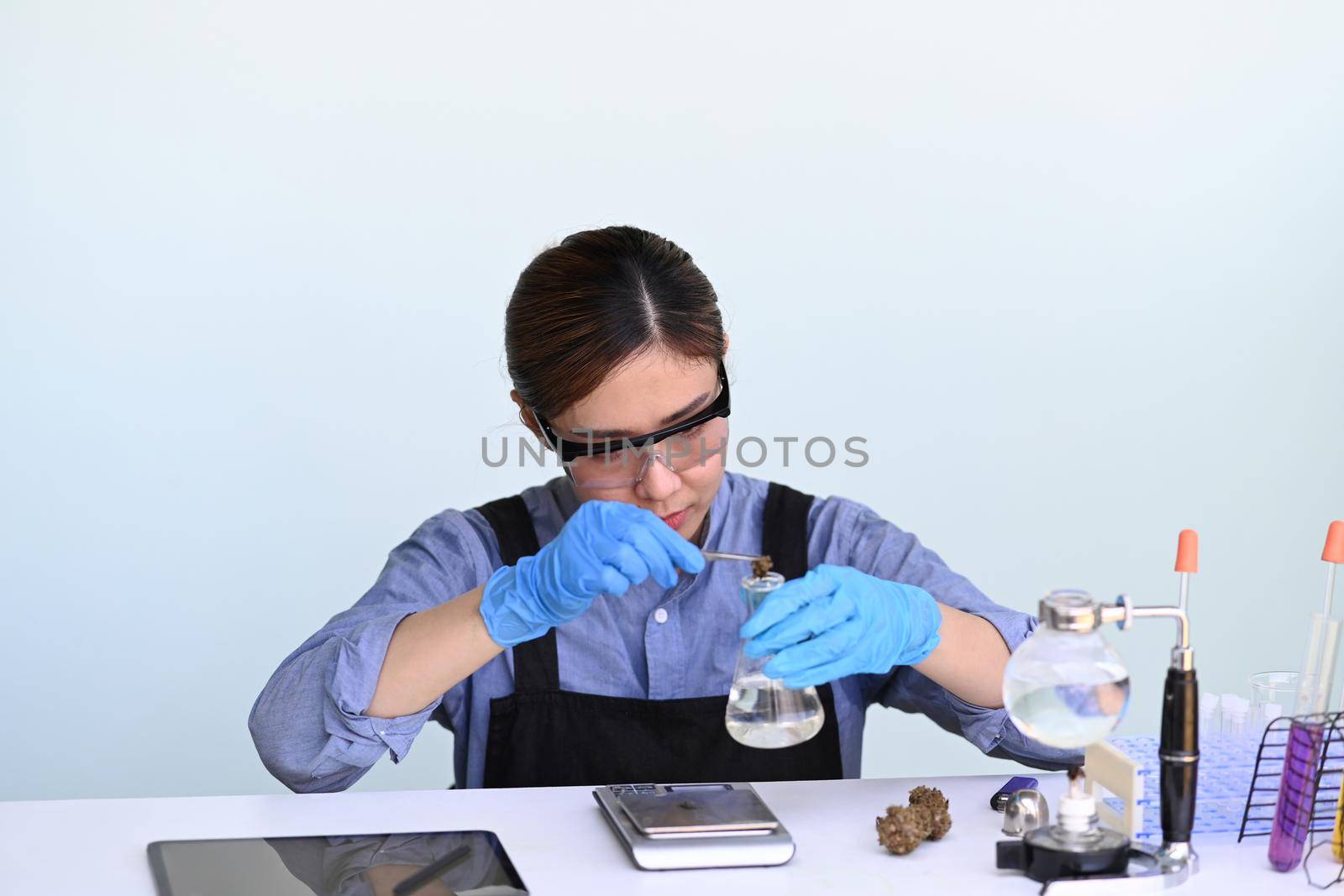 Scientist holding a glass bowl with cbd oil extracted from a marijuana plant during conducting scientific research in science lab. Herbal alternative concept.