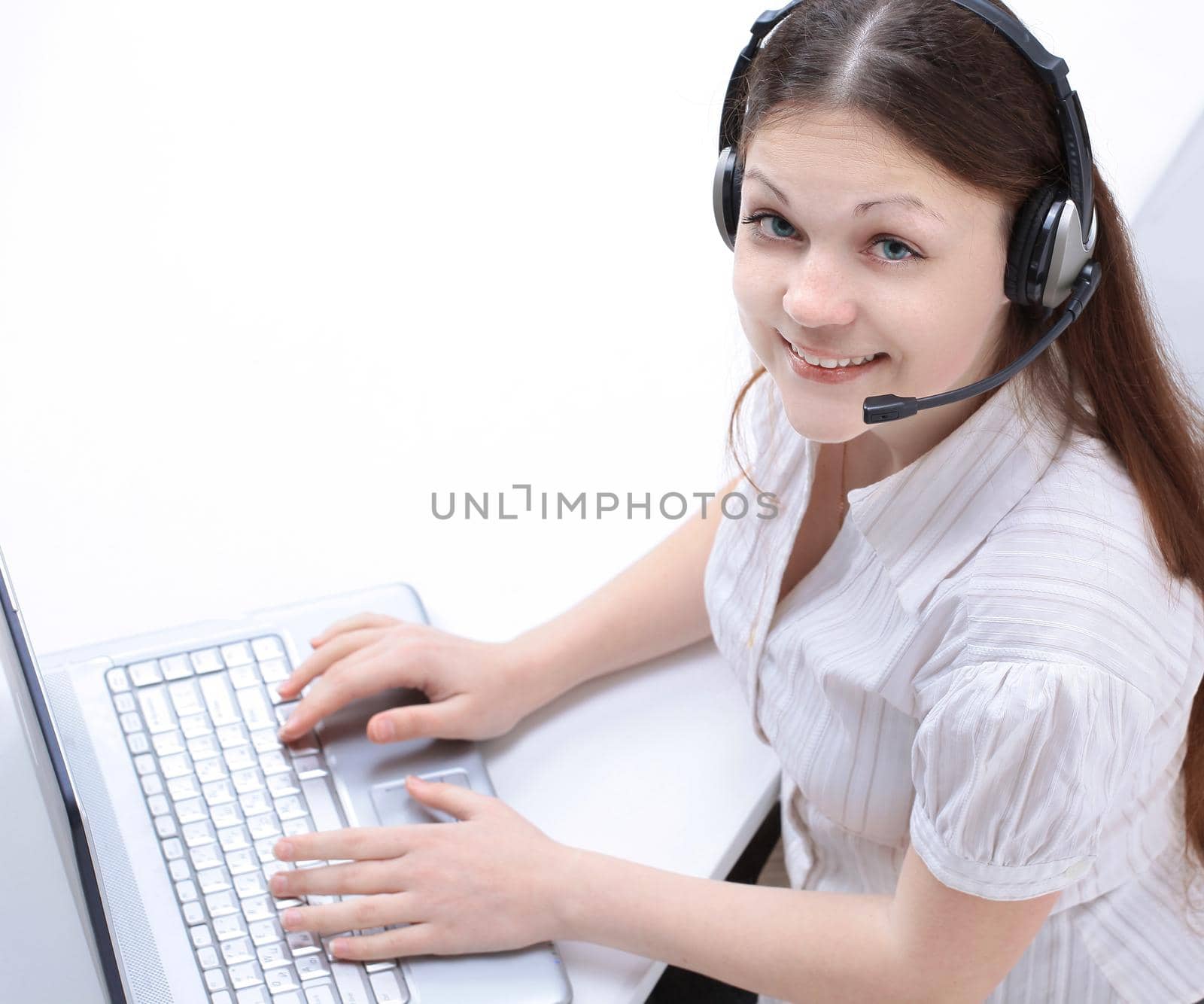 young women employee of a call center.isolated on white background