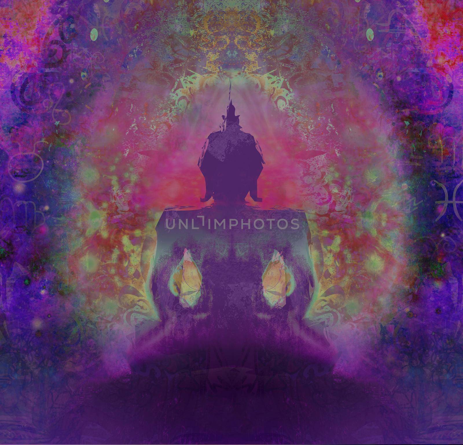 Buddha silhouette against Dark purple background by JackyBrown
