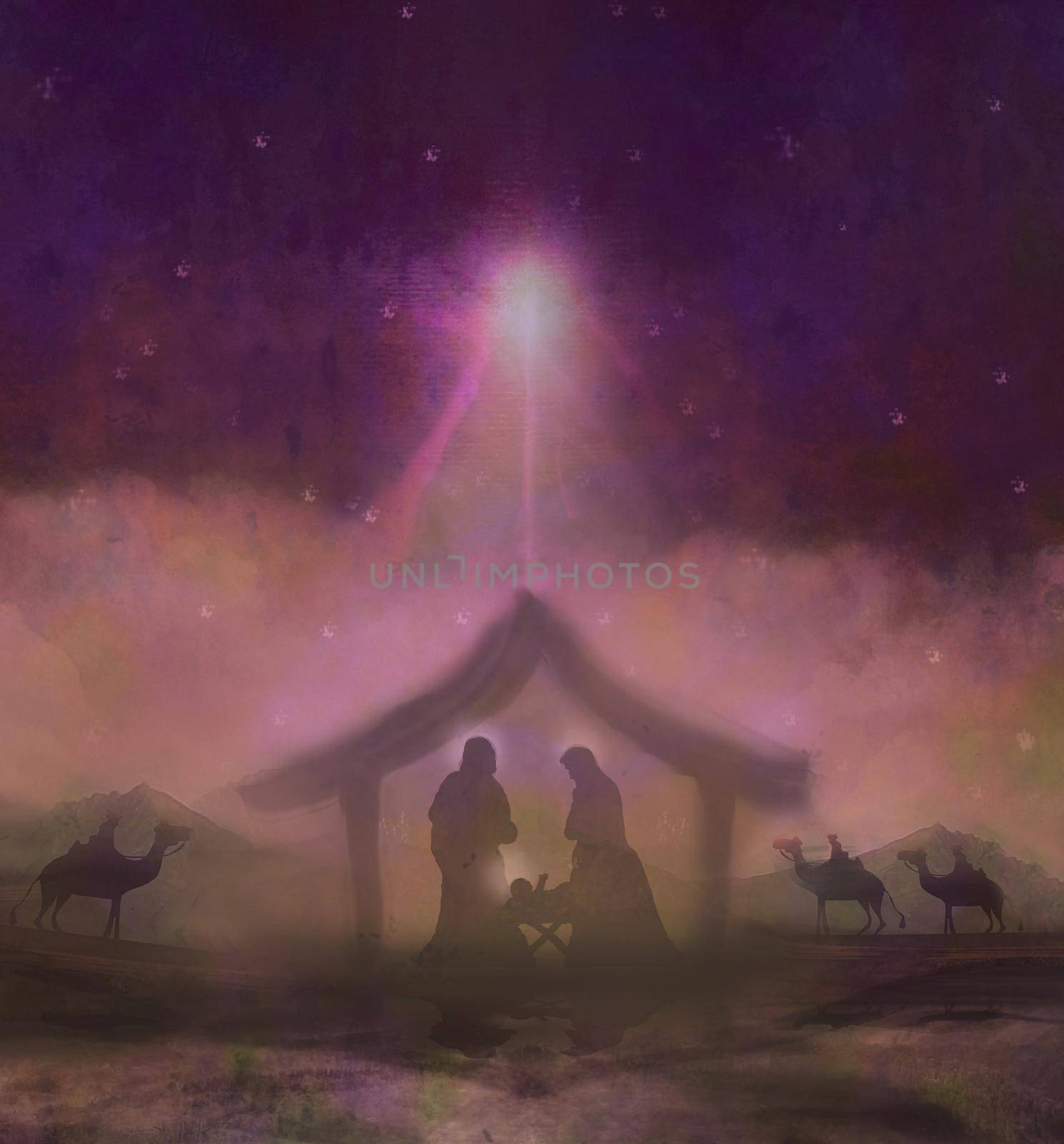 Biblical scene - birth of Jesus in Bethlehem. by JackyBrown