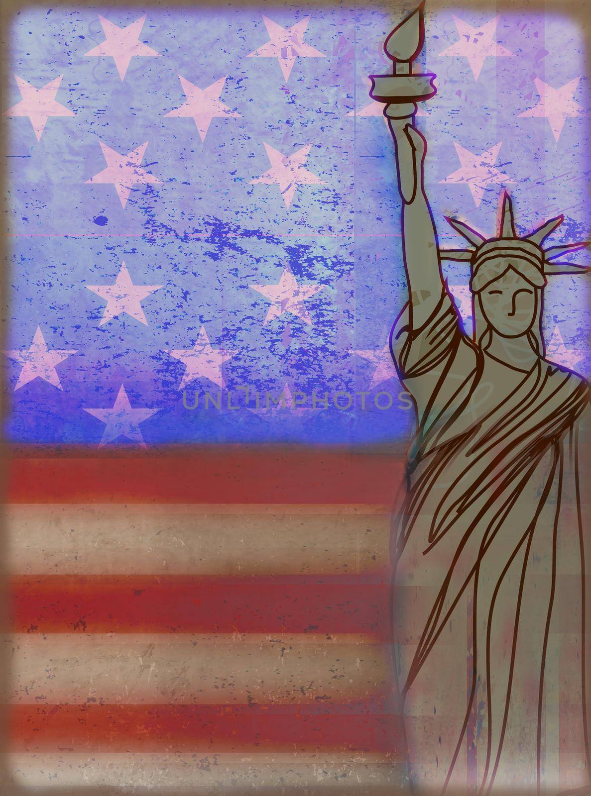 Grunge illustration of the american flag and Statue of liberty