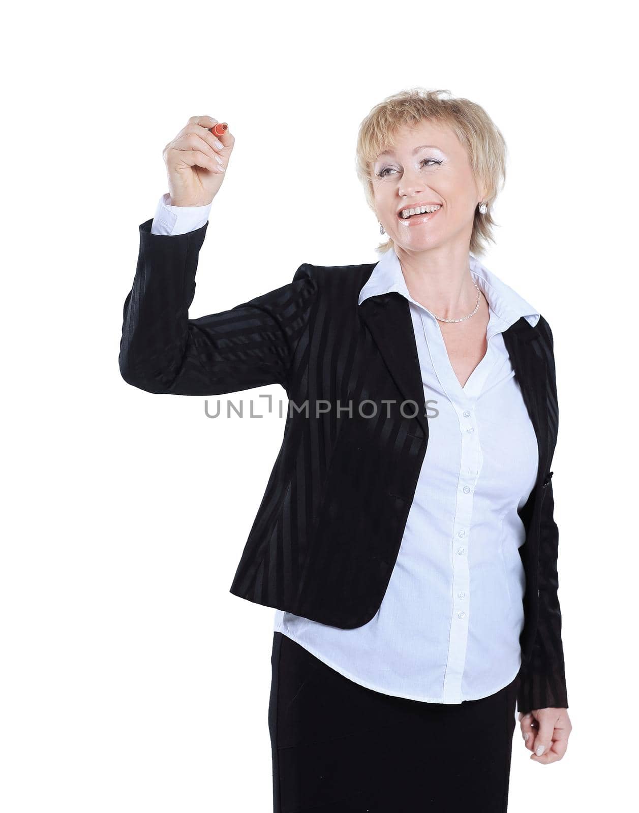 modern business woman pointing at a virtual point.isolated on white