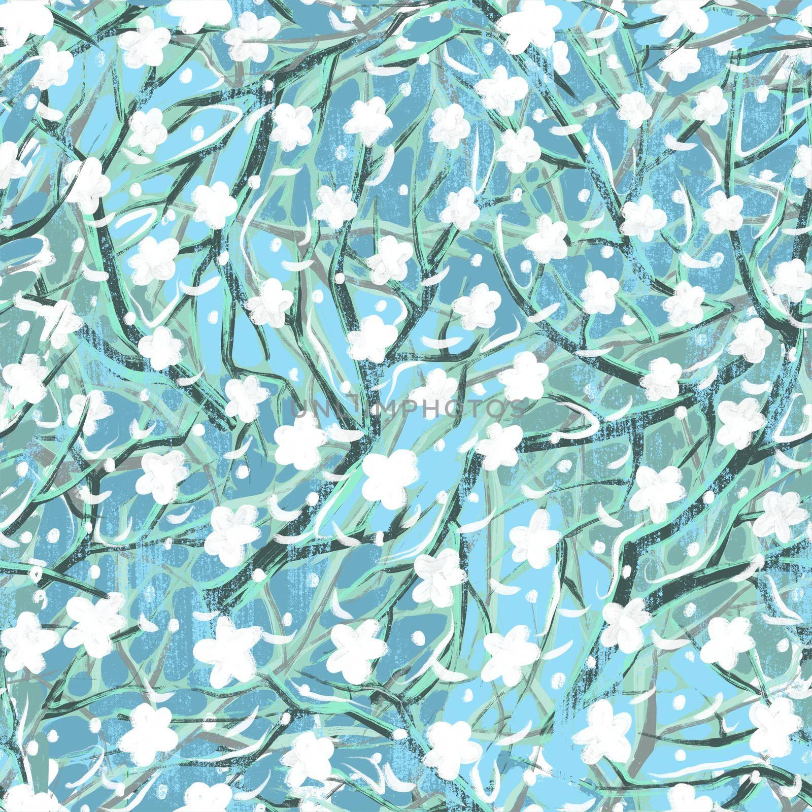 Seamless pattern. Light airy white flowers of cherry blossoms or cherry blossoms on a blue background. by Manka