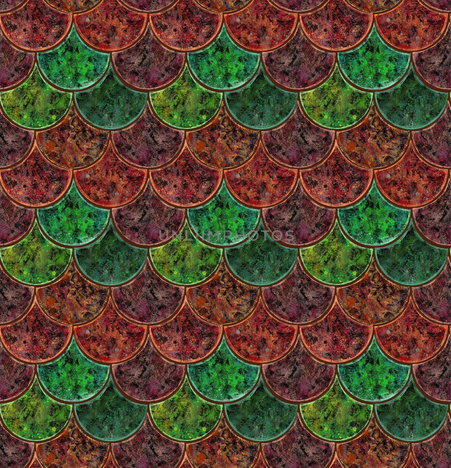 Seamless pattern. Red and green ceramic tiles. Picturesque texture. Fish scale pattern.