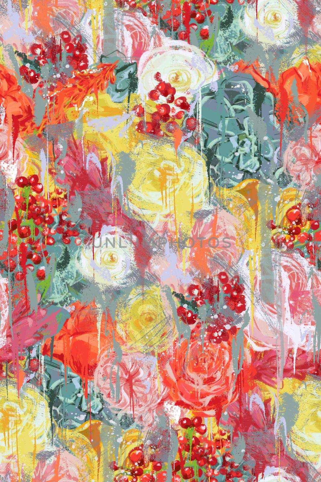Seamless pattern. Rose flowers in bright multi-colored tons. by Manka