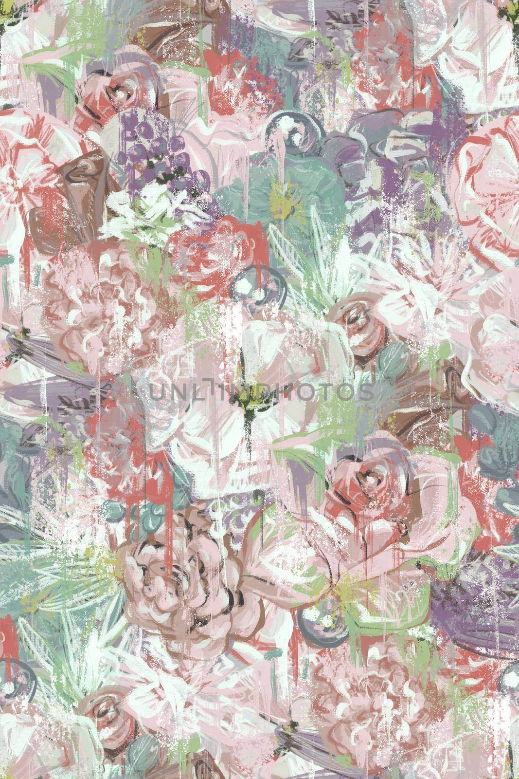 Seamless pattern. Rose flowers in gray pink dusty tons. In the style of abstract painting on canvas, boho style.