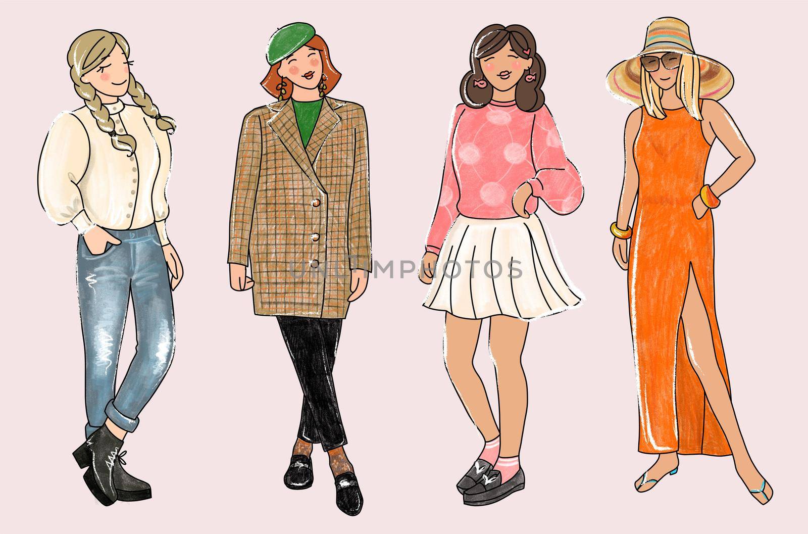 A set of girls in fashionable images. Illustration in the style of a sketch by hand. Colored.