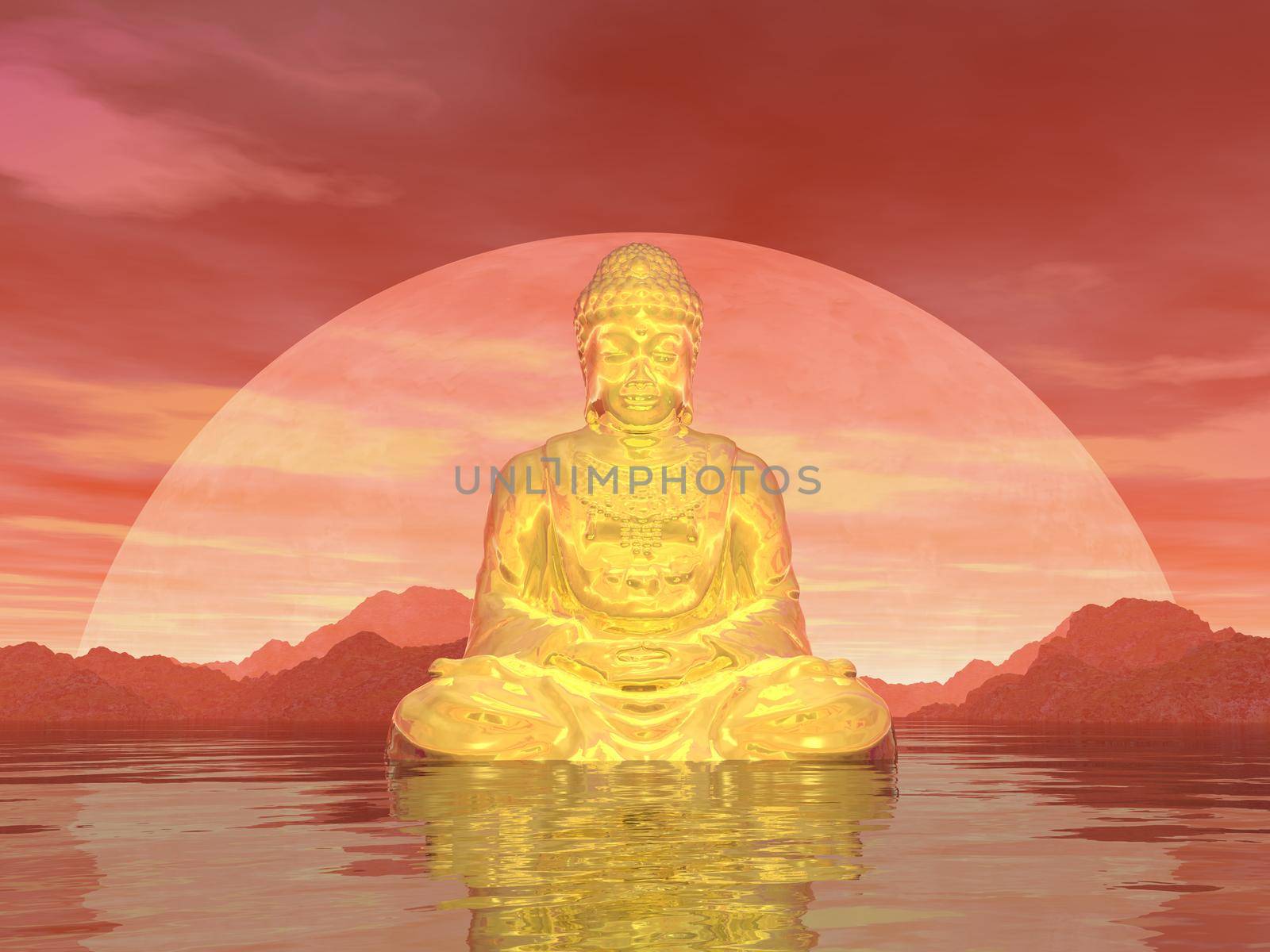 Peaceful buddha meditating alone by red night in front of the moon - 3D render