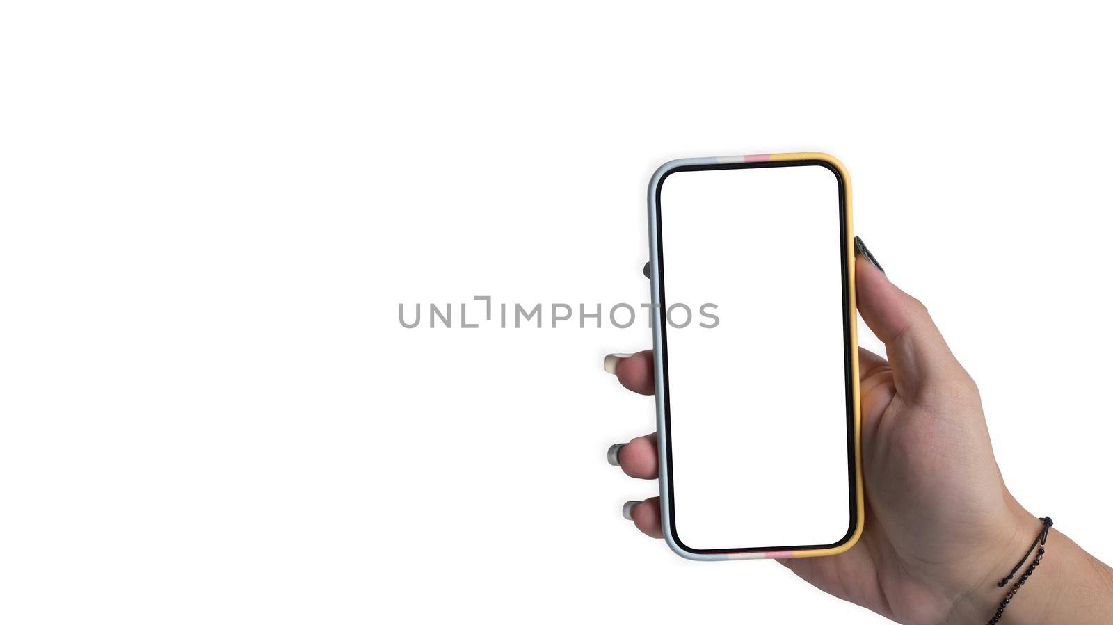 Mockup image of woman hand holding smart phone with empty screen isolated on white background.