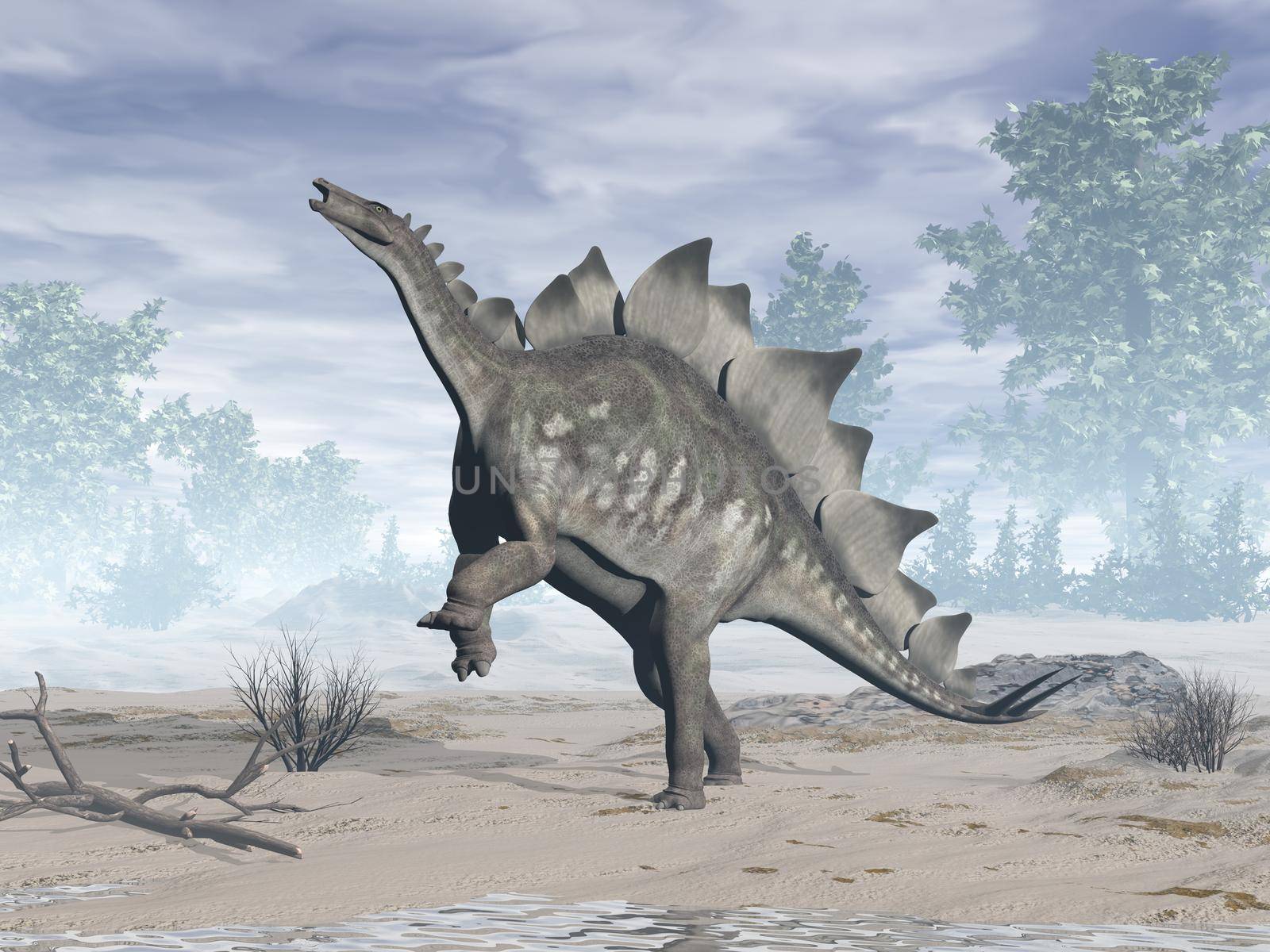 Stegosaurus dinosaur rearing up in the desert by day - 3D render