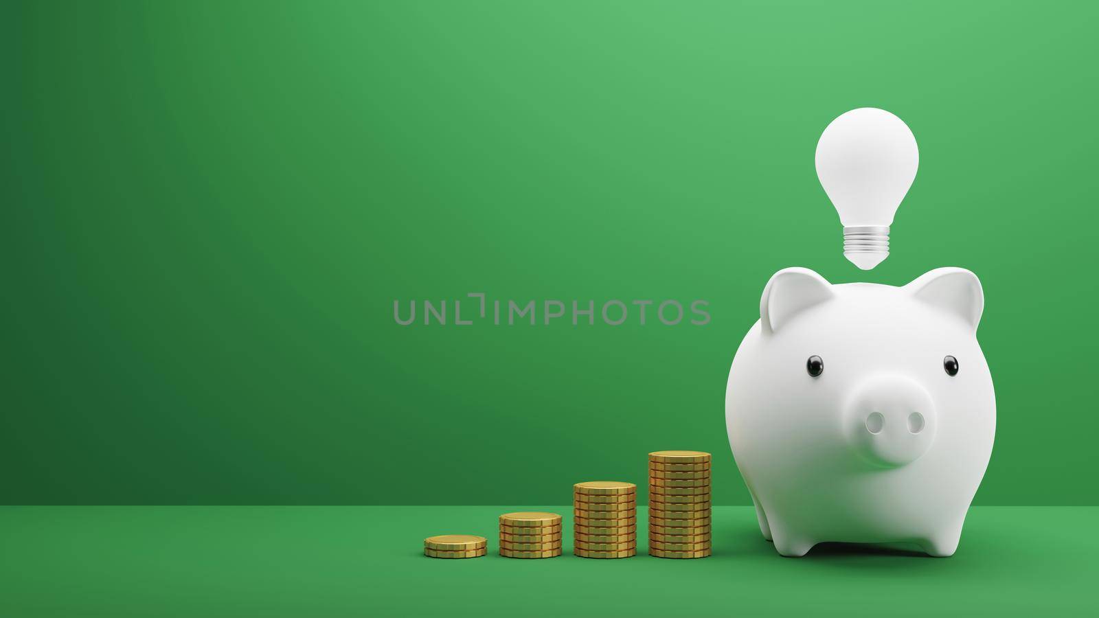 Savings concept design of piggy bank and gold coins on green background 3D render by Myimagine