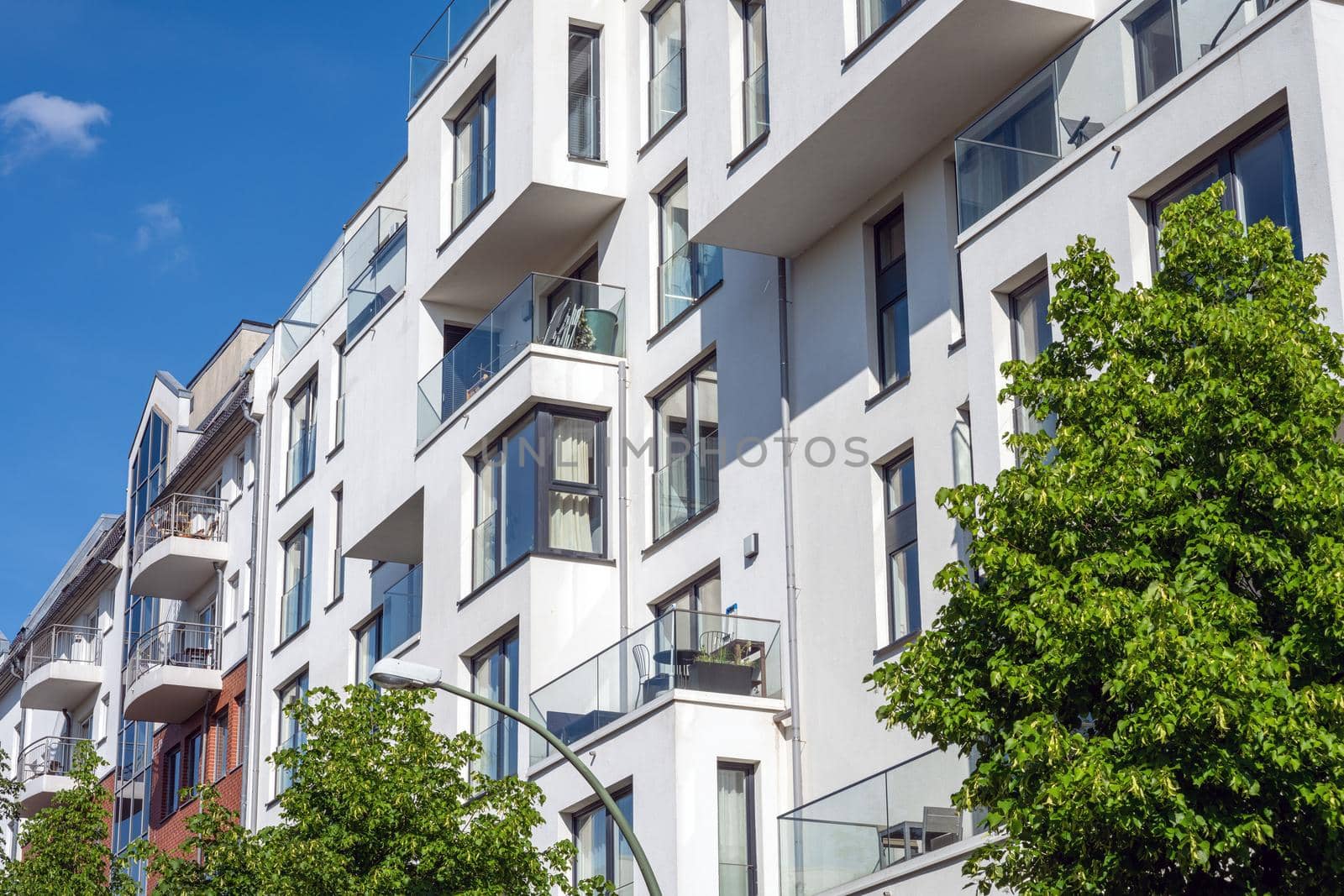 Modern white apartment building seen in Berlin, Germany