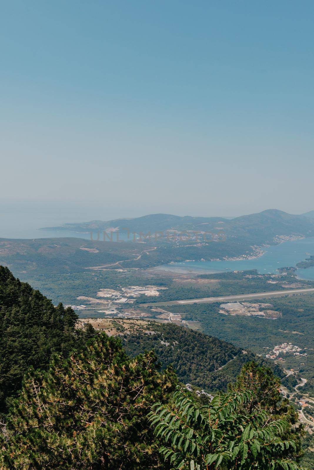 Beautiful nature mountains landscape. Kotor bay, Montenegro. Views of the Boka Bay, with the cities of Kotor and Tivat with the top of the mountain, Montenegro.