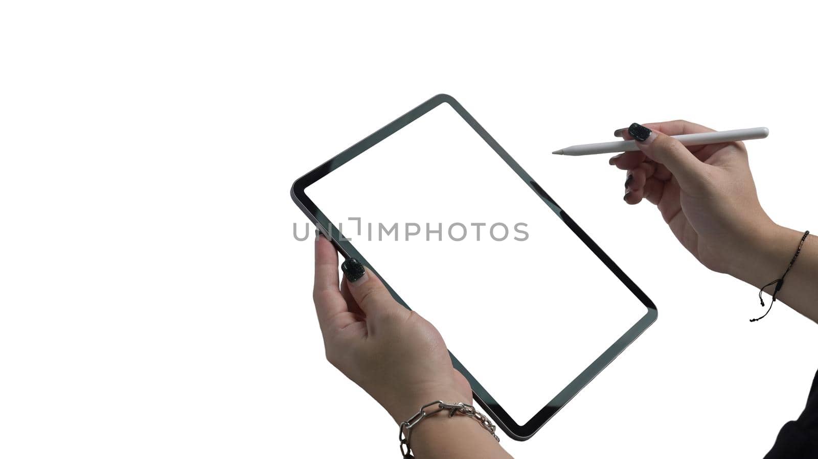 Young woman hand holding digital tablet and stylus pen isolated on white background. Blank display for graphic display montage.