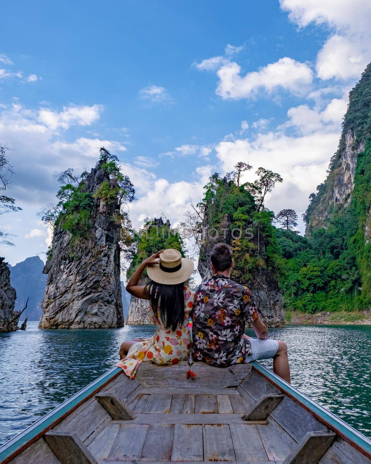 Couple of men and women on vacation in Southern Thailand. happy couple travel trough Thailand