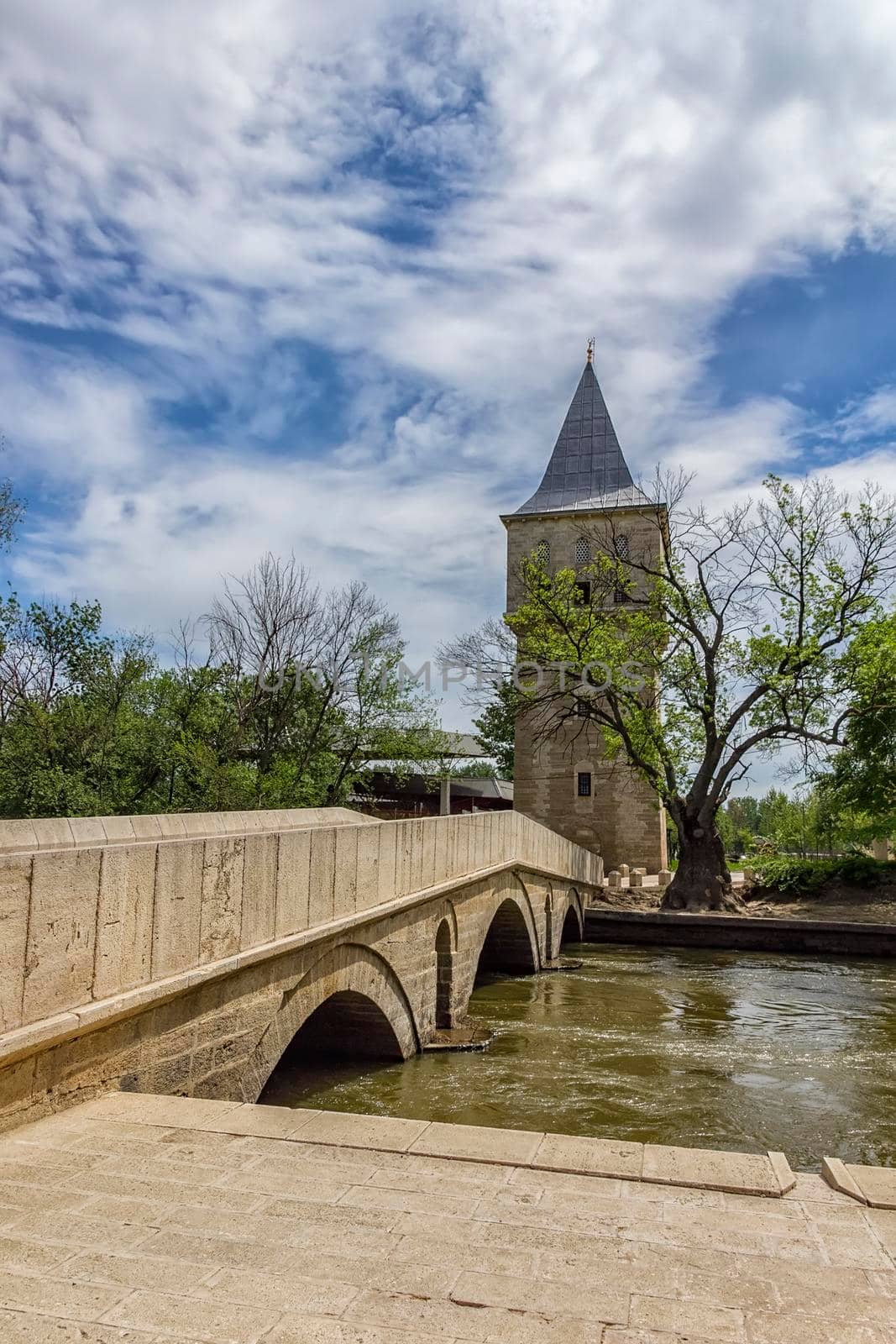 Court Tower of Justice and Sultan Suleyman bridge in Edirne city of Turkey.Freedom tower to kirkpinar using old stone bridge by EdVal