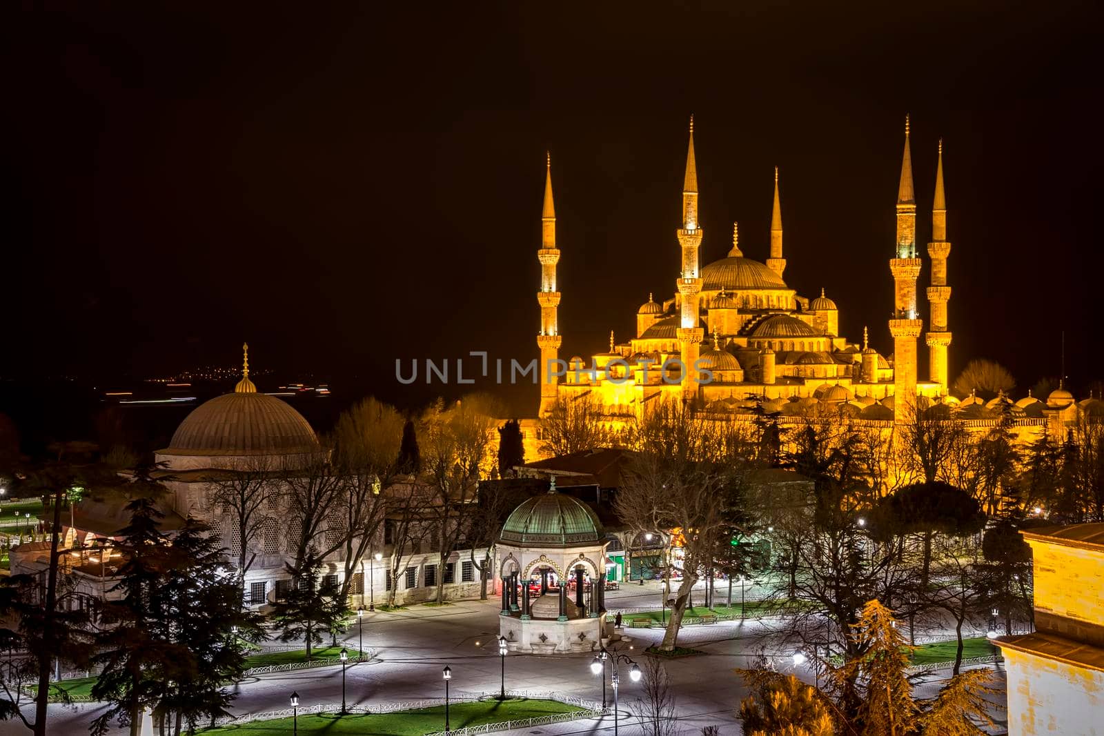 Sultan Ahmed Mosque known as the Blue Mosque is a historic mosque in Istanbul, Turkey at night