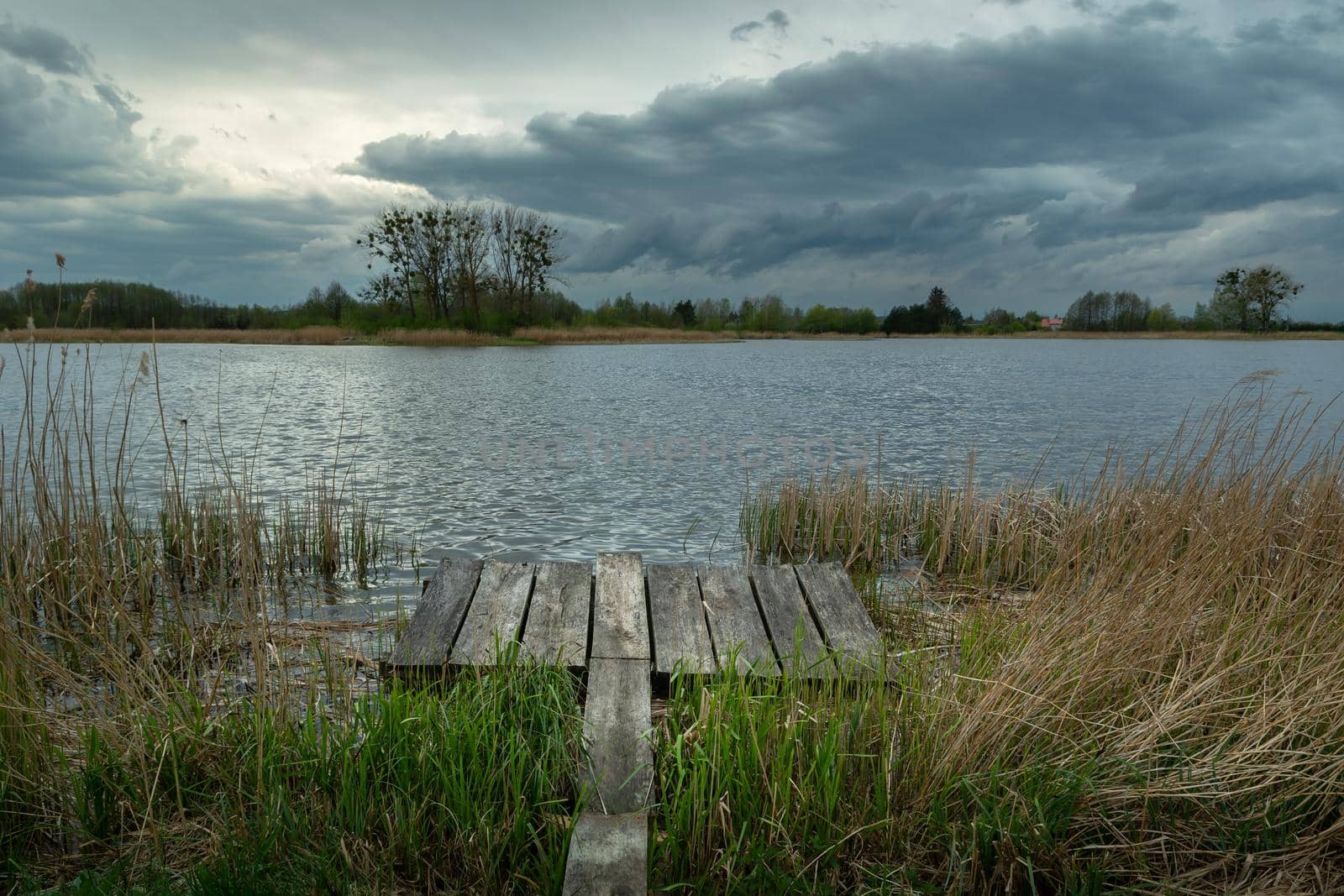 A pier in the reeds and a cloudy sky over the lake, spring day