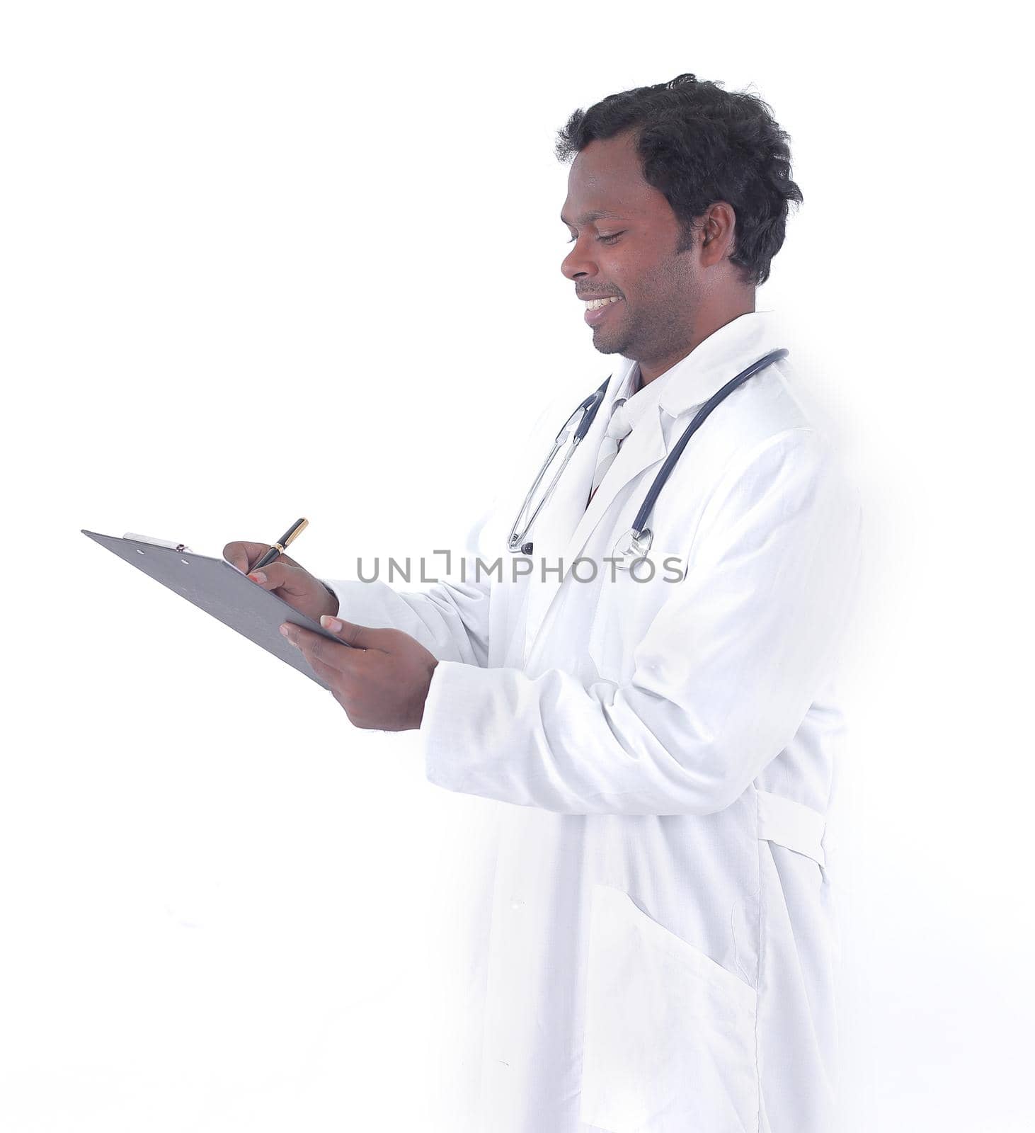 General practitioner writing a prescription for a patient .isolated on a white background.
