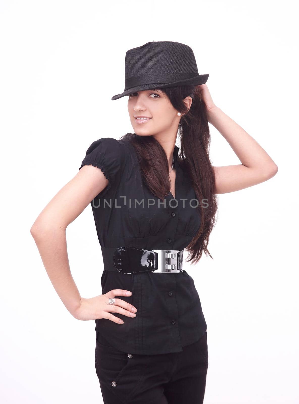 stylish young woman in suit and hat.isolated on a white background.