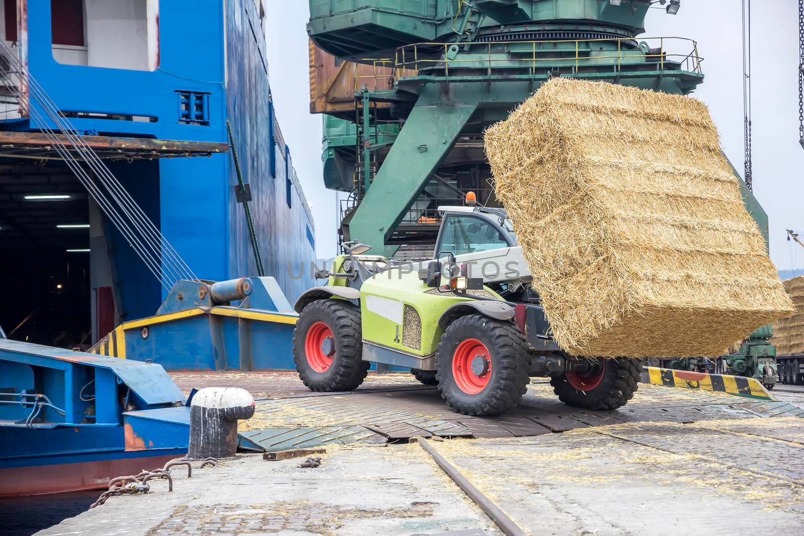 Telescopic handler loading bales in a ship. Day view. Work in port.